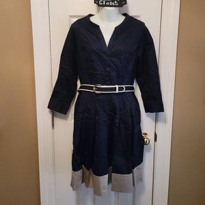 Talbots 10 Petite Navy Shirt Dress with Tan Stripe and Belt